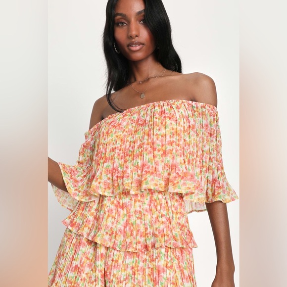 Lulus Gala Ready Peach Multi Floral Pleated Off-the-Shoulder Romper - Picture 2 of 10